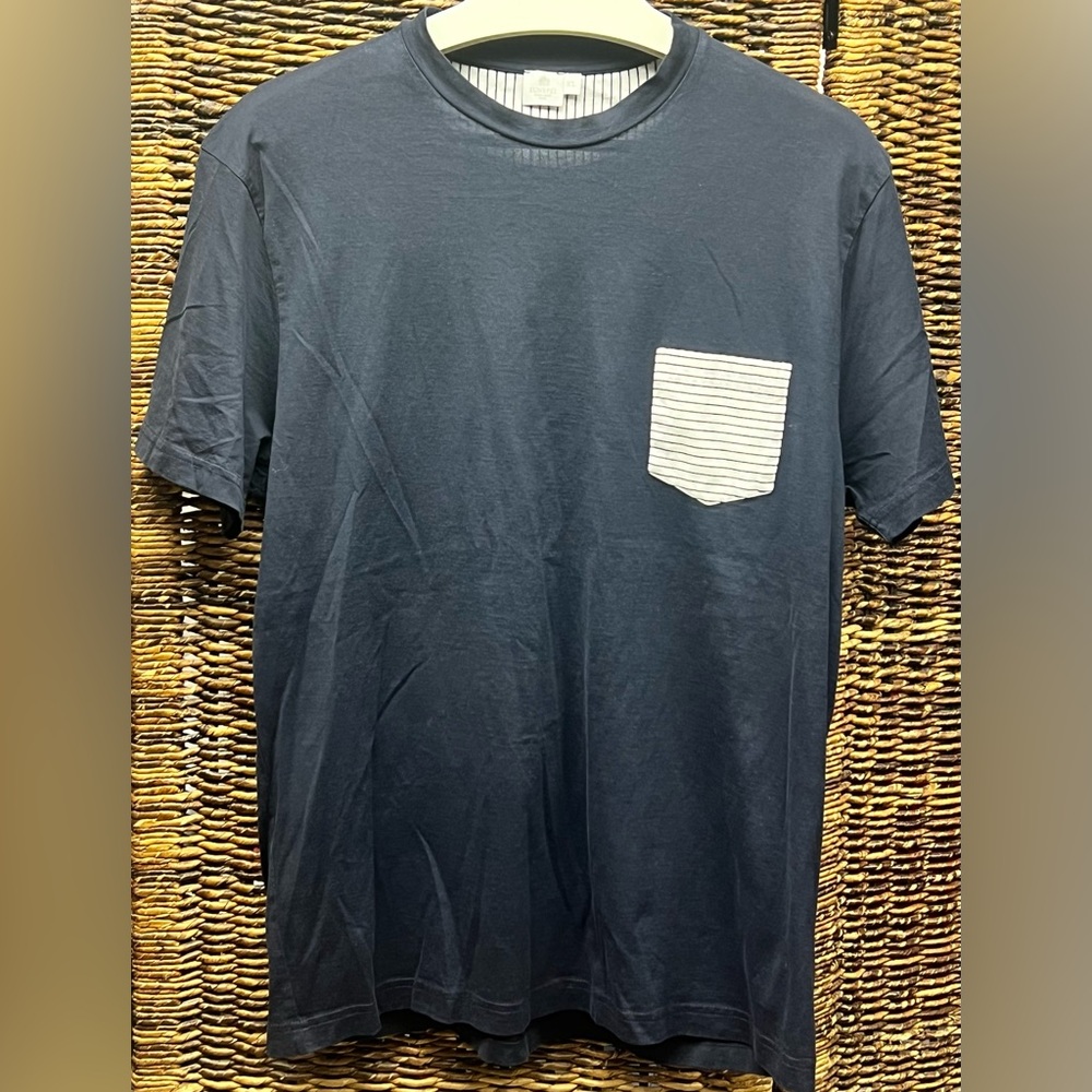 Sunspel Dark Blue Tee with Striped Pocket-‎ XLarge